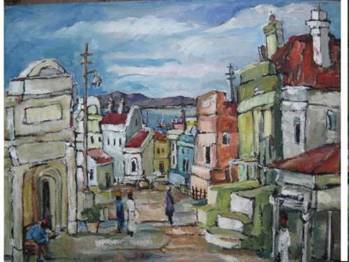 "Bo Kaap met Tafelbaai" 500x 400mm!Original oil by IRMA DE WAAL.