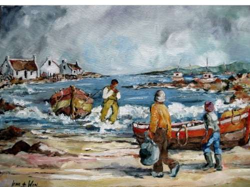 "Getting the boats ready Arniston"LARGE 700x500x44mm Original oil by IRMA DE WAAL.