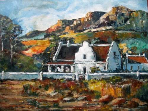 "Cape Dutch house with white wall" 700x 500mm! Original oil by IRMA DE WAAL. Great Value!