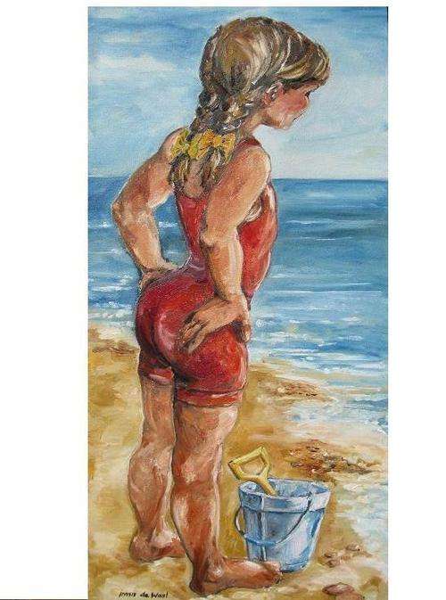 "Pretty girl in red costume" 400 x 800mm Fantastic value! Oil by IRMA DE WAAL