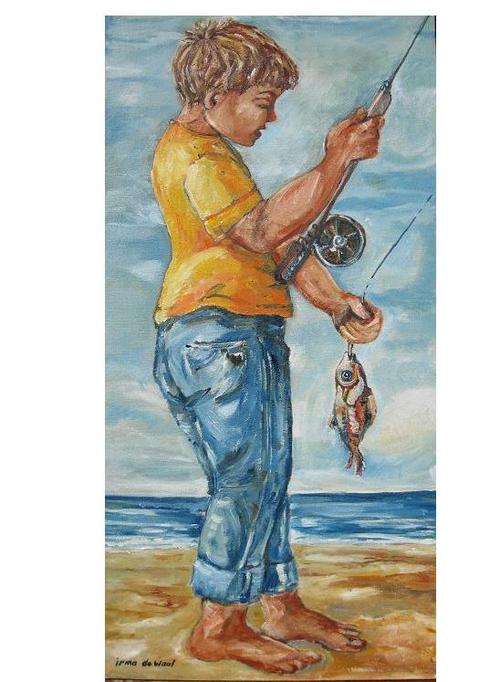 "Catching a fish!" 400 x 800mm Fantastic value! Oil by IRMA DE WAAL