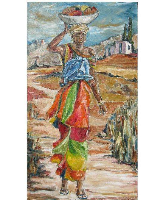 "Young woman with fruit basket" 400 x 800mm Special! Oil by IRMA DE WAAL