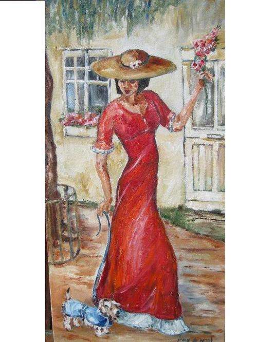"Afternoon stroll with Fifi" 300 x 600mm Ready to hang! Oil by IRMA DE WAAL