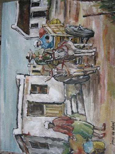 "Donkiekarretjie in dorpie" 400 x 300mm Ready to hang! Oil by IRMA DE WAAL