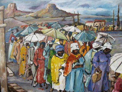 "Rainy day at the border post" 400 x 500mm!! Colourful and ready to hang! Oil by IRMA DE WAAL