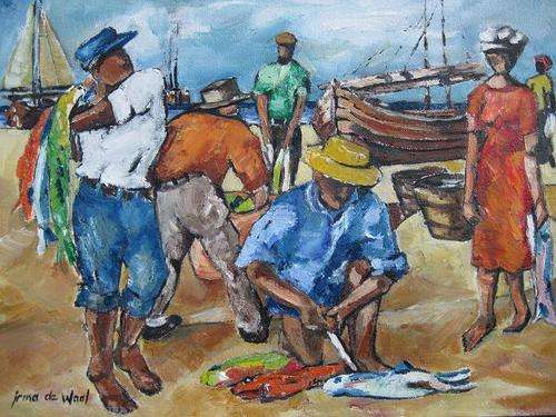 "FISHERMEN CLEANING FISH" 300 x 400mm!! Colourful and ready to hang! Oil by IRMA DE WAAL