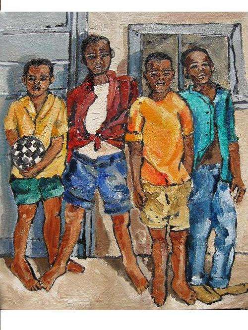 "Brothers posing in the sun"  Colourful and ready to hang! Oil by IRMA DE WAAL