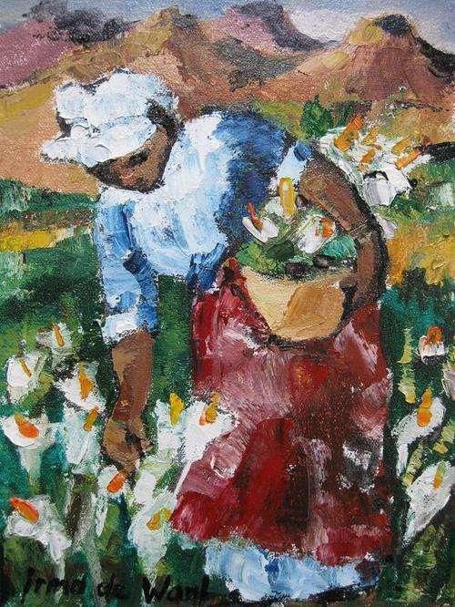 "Picking Arum lilies"  Colourful and ready to hang! Oil by IRMA DE WAAL