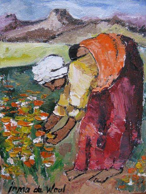 "Picking wildflowers in the field"  Colourful and ready to hang! Oil by IRMA DE WAAL