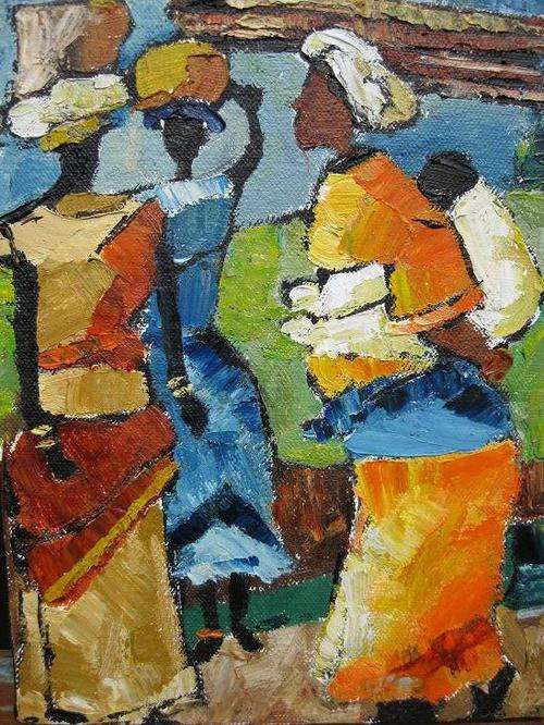 "Greeting young women" Colourful and ready to hang! Oil by IRMA DE WAAL