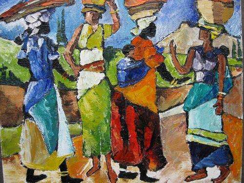 "African women talking" 300 x 250mm Colourful and ready to hang! Oil by IRMA DE WAAL