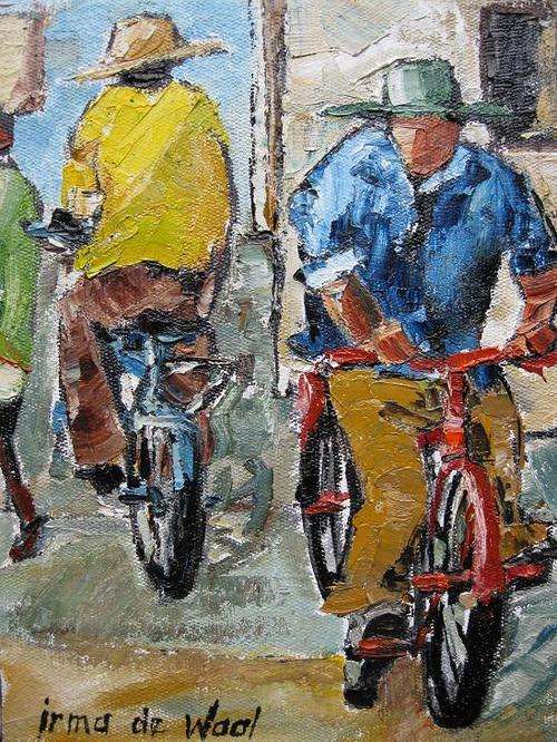 "The bikers" Colourful and ready to hang! Oil by IRMA DE WAAL