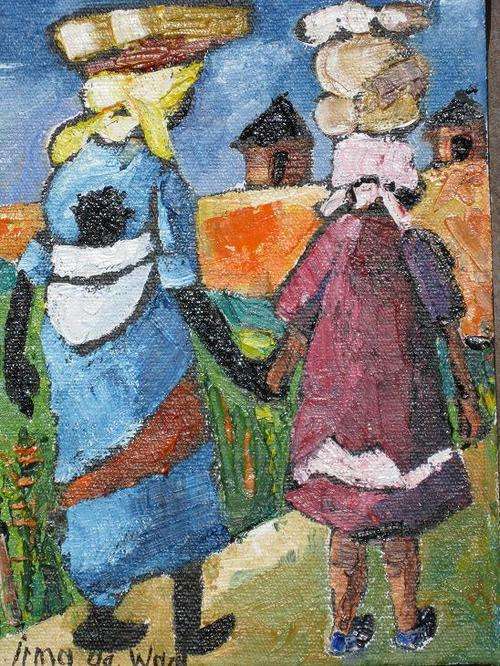 "Walking with Mommy" Colourful and ready to hang! Oil by IRMA DE WAAL