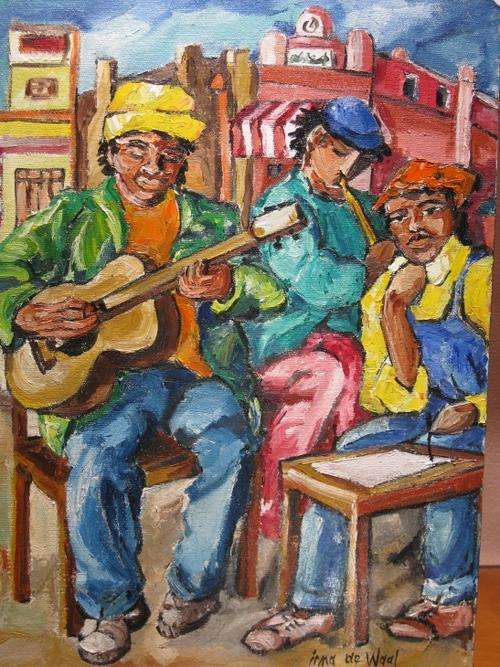 "Street guitarist and friends" 400 x 300mm!  Colourful and ready to hang! Oil by IRMA DE WAAL