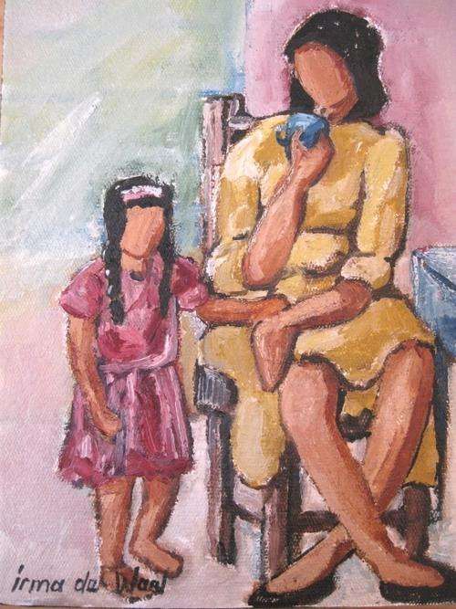 "Teatime with Mommy" 200 x 150mm! Original oil by IRMA DE WAAL Colourful and ready to hang!