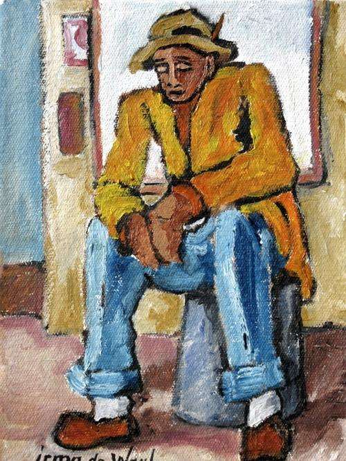"Waiting at the cafe" 200 x 150mm! Original oil by IRMA DE WAAL Colourful and ready to hang!