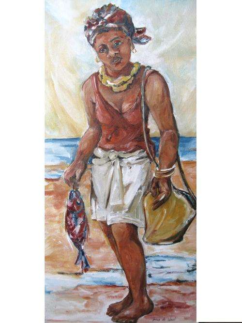 "Xhosa woman with fish" 800 x 400mm! BEAUTIFUL!  Original oil by IRMA DE WAAL Ready to hang!