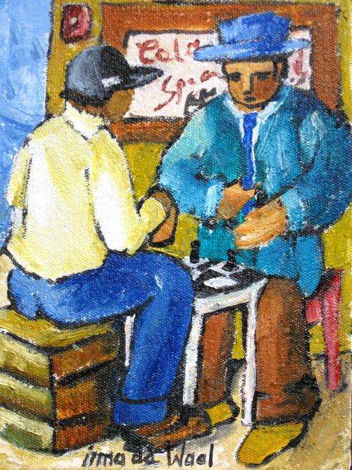 "The chess players" 200 x 150mm! Original oil by IRMA DE WAAL Colourful and ready to hang!