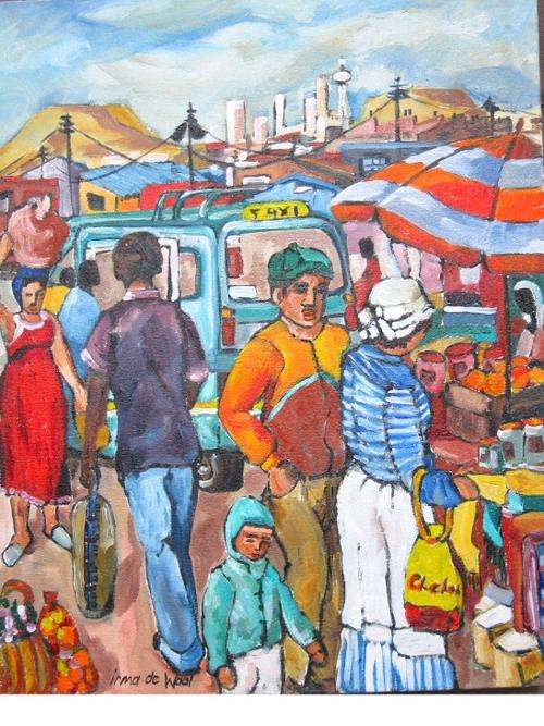 "Shopping at the Taxi rank" 500 x 400mm!!Oil by  IRMA DE WAAL Colourful and  ready to hang!