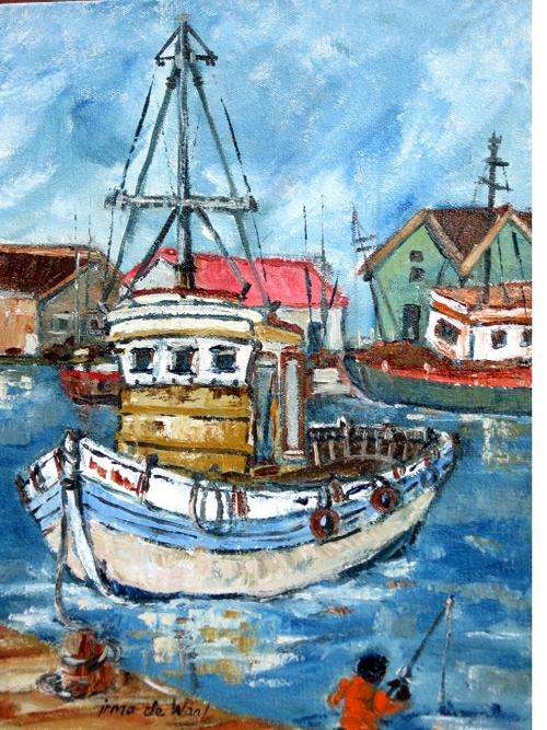 "Fishing at the Harbour" 400x 300mm!Original oil by IRMA DE WAAL Hang as is!!