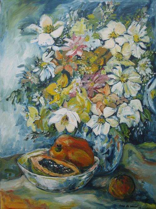 "FLOWERS AND PAW-PAWS" LARGE PAINTING 950mm x 700mm Special!! Artist:IRMA DE WAAL