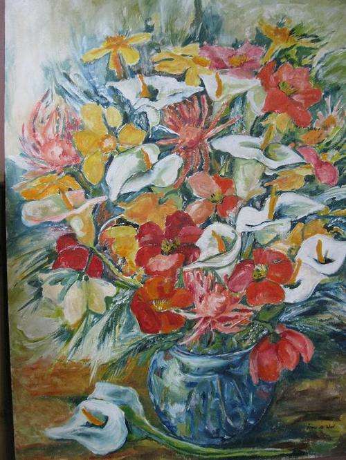 "Arum Lilies and Poppies" LARGE PAINTING 950mm x 700mm Special!! Artist:IRMA DE WAAL