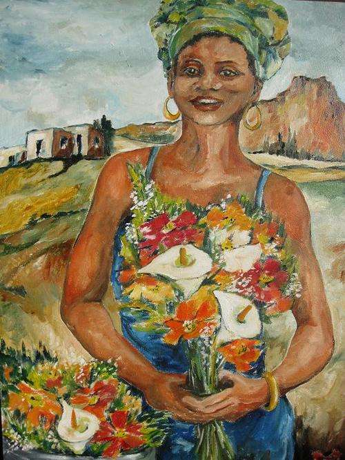 "Countrygirl Selling Flowers" 900 x 600mm Large painting!! Oil by IRMA DE WAAL