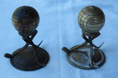 VINTAGE BRASS / EPNS-SALT AND PEPPER CELLARS-GOLF THEME-c1900-GOOD CONDITION