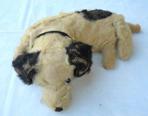 STUFFED TOY-DOG-LYING DOWN POSITION-24 CM / 10 IN LONG-WORN CONDITION-POSIBLY STEIFF