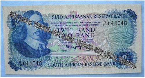 Two Rand Note-Second Issue-TW De Jongh-Prefix D19 644040-UNC Condition-R2-ENG / AFR
