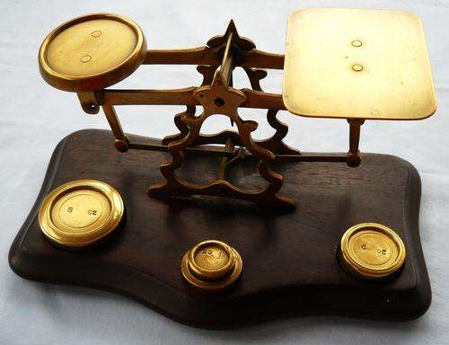 VINTAGE BRASS POSTAL SCALE-With Weights-ON ORIGINAL WOODEN STAND-Circa 1920-EXCELLENT CONDITION