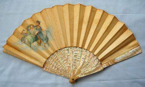 1800's-HAND PAINTED FRENCH FAN-MOTHER OF PEARL-ANTIQUE-LOVELY CONDITION