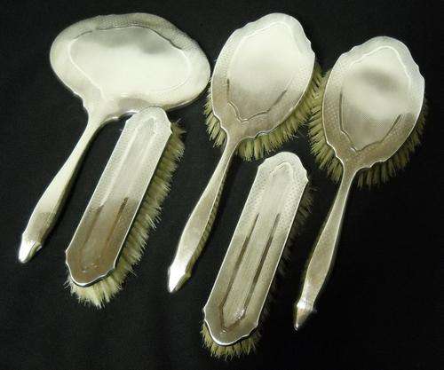 DECO-4 BRUSHES & MIRROR SET-SILVER-1931-BIRMINGHAM ENGLAND-EXCELLENT CONDITION