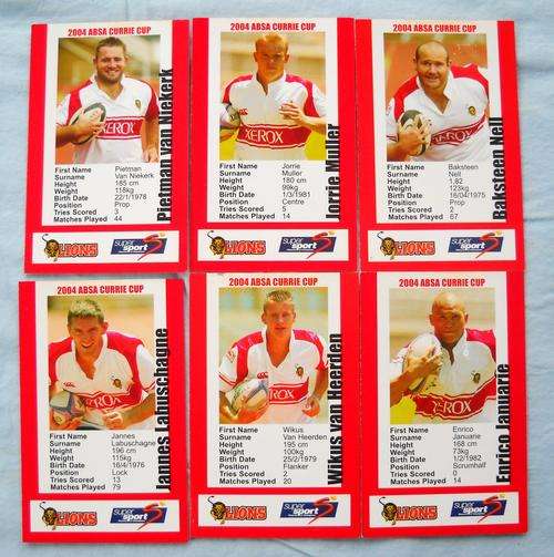 6 x 2004 LIONS SPORTS CARDS-RUGBY-ABSA CURRIE CUP SERIES-EXCELLENT CONDITION