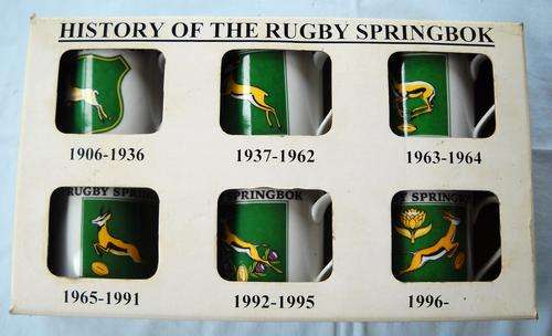 1906-1996 HISTORY OF THE RUGBY SPRINGBOK-6 MUG SET IN BOX-EXCELLENT CONDITION