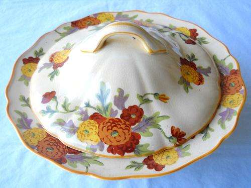 ROYAL DOULTON-RIMMED SOUP TUREEN & LID-MARIGOLD-PATTERN D5126-24.5 CM WIDE-c1902-VERY GOOD CONDITION