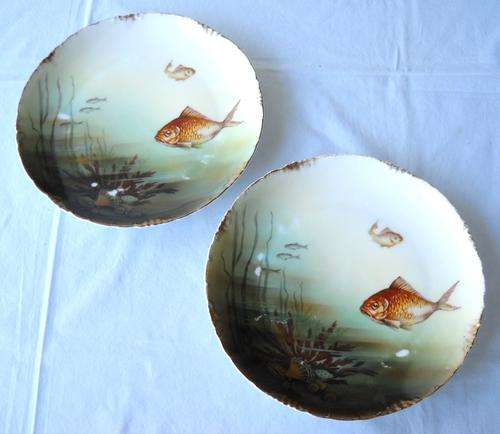 2 X FISH THEME DINNER PLATES-ROSENTHAL-VERSAILLES-23 CM-GILDED-c1920s-V GOOD/EXCL CONDITION