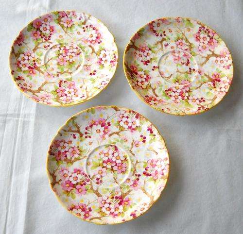 SHELLEY SAUCERS-MAYTIME CHINTZ PATTERN-YELLOW TRIM-c1938- SET OF 3-EXCELLENT CONDITION
