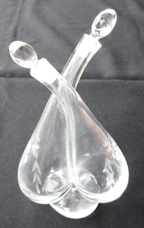 LOVELY-TWIN OIL & VINEGAR CRUET WITH STOPPERS-CUT GLASS-GRAPE PATTERN-VERY GOOD COND