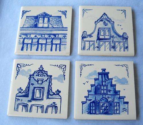 RARE-KLM-DUTCH AIRLINES-4 X DELFT PORCELAIN TILE COASTERS-1970'S-EXCELLENT CONDITION