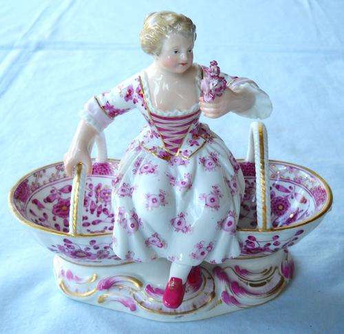 MEISSEN-SEATED GIRL-c1860-DOUBLE SALT HOLDER-EXCELLENT CONDITION
