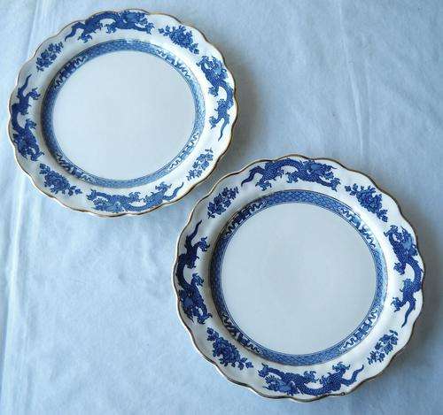 BOOTHS-DRAGON-PATTERN # A8029 x 2-BLUE-SCALLOPED-GILDED-LUNCHEON PLATES-c1912-EXCELLENT CONDITION