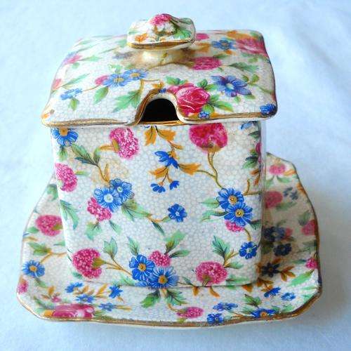 ROYAL WINTON GRIMWADES-OLD COTTAGE CHINTZ-1930s-SQUARE LIDDED SUGAR BOWL/PRESERVE JAR & SAUCER-EXCL