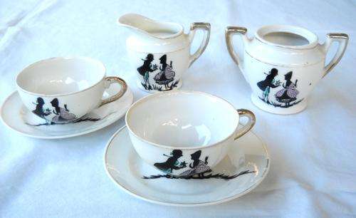 6 PCE MINIATURE TOY TEA SET FOR TWO-SILVER TRIM-VERY GOOD CONDITION