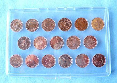 SET OF 17 ASSORTED 1c EURO COINS FROM ALL COUNTRIES-MINT UNCIRCULATED-IN FITTED CASE