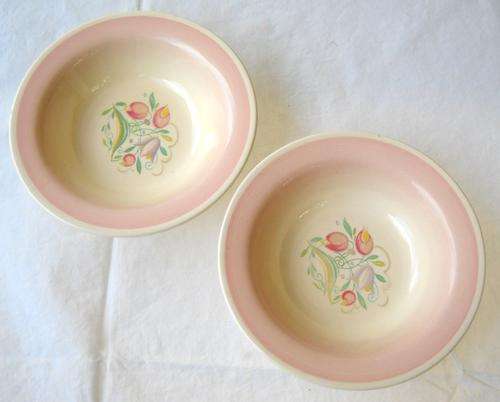 2 X SUSIE COOPER-16.5cm RIMMED SOUP BOWLS-PINK DRESDEN SPRAY-EXCELLENT CONDITION