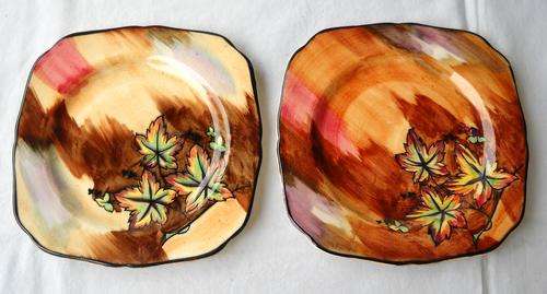 2 X HAND PAINTED SIDE PLATES-H & K TUNSTALL-AUTUMN TINTS PATTERN-c1930s-VERY GOOD CONDITION