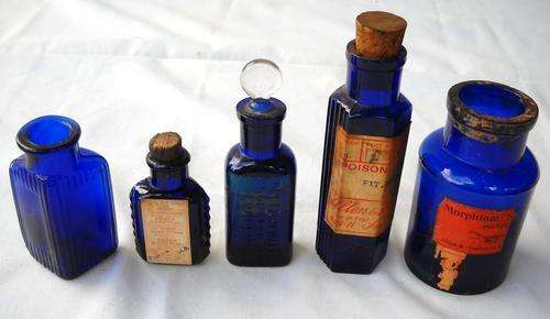 VINTAGE-BLUE-POISON BOTTLES X 5-EXCELLENT CONDITION-EARLY !900's