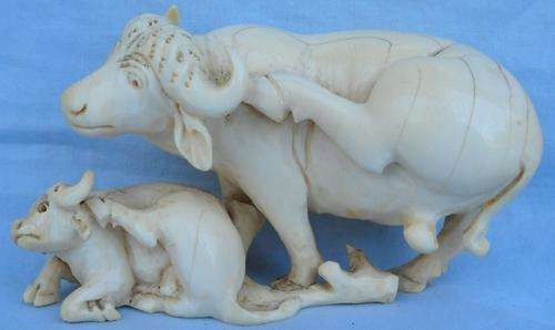IVORY Horn /Tusk CARVING-WATER BUFFELO AND CALF-LOVELY CONDITION