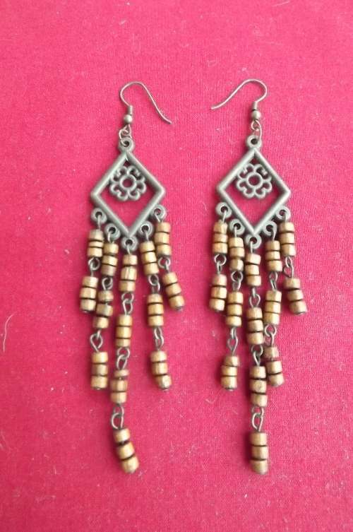 Pair of ethnic brown wooden bead dangling earrings for pierced ears.As new